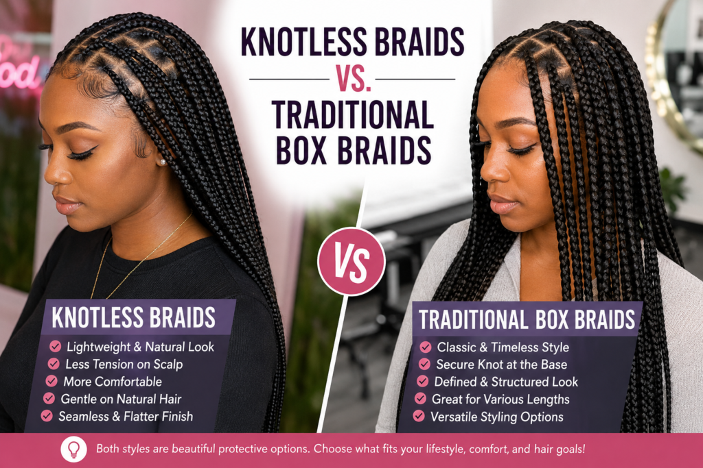 Knotless braids vs traditional box braids comparison on women with protective hairstyles