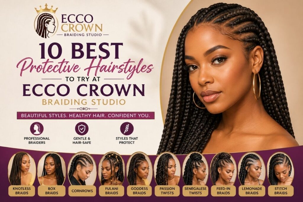 10 best protective hairstyles including knotless braids, box braids, cornrows, Fulani braids, twists, and stitch braids at Ecco Crown Braiding Studio